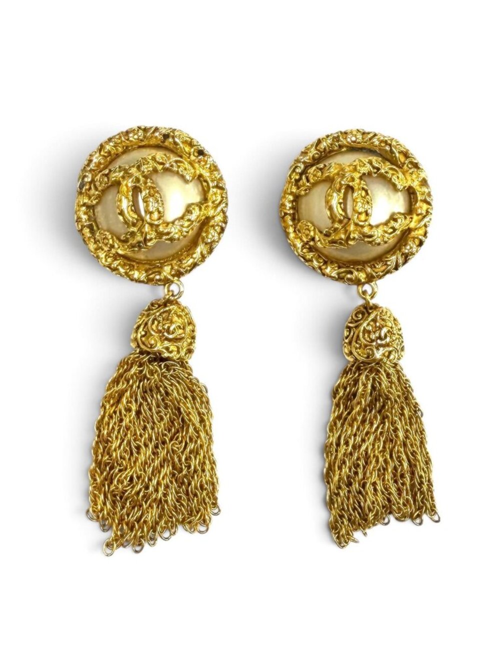 Chanel Vintage 93A CC Logo Lava Eco Pearl Earrings Gold